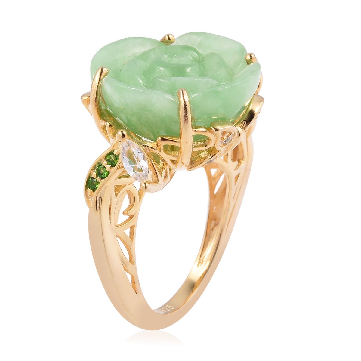 Carved Green Jade,White Topaz and Chrome Diopside Flower Ring in Yellow Gold Overlay Sterling Silver 22.645 Ct, Silver wt 6.15 Gms.