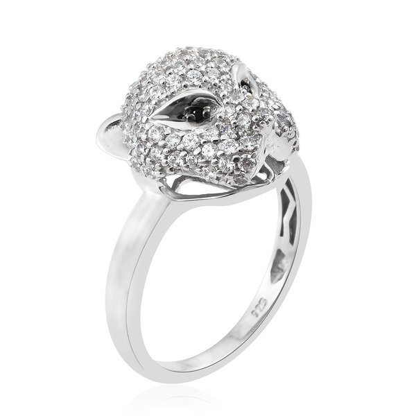 J Francis - Designer Inspired- Platinum Overlay Sterling Silver (Rnd) Leopard Ring Made with Finest CZ and Boi Ploi Black Spinel. Silver wt 6.11 Gms.
