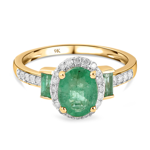 Super Find- 9K Yellow Gold AAA Kagem Zambian Emerald and Diamond Ring 1.57 Ct.