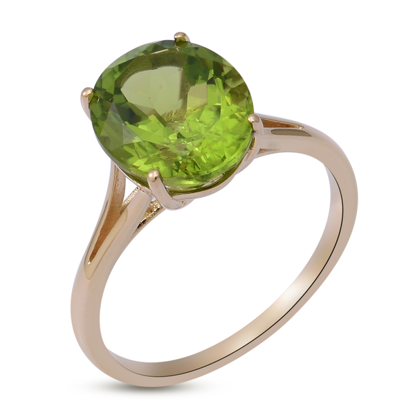 9K Yellow Gold Extremely Rare  Natural Hebei Peridot (OV12x10) Solitaire Ring 4.50 Ct.