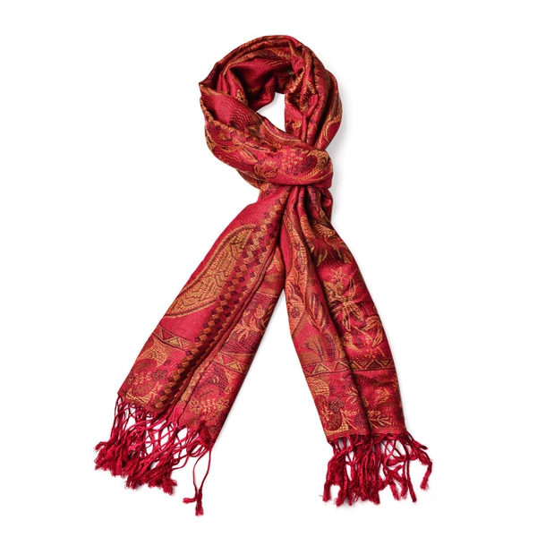 Multi Colour Floral and Paisley Pattern Red Colour Scarf with Fringes (Size 170x70 Cm)