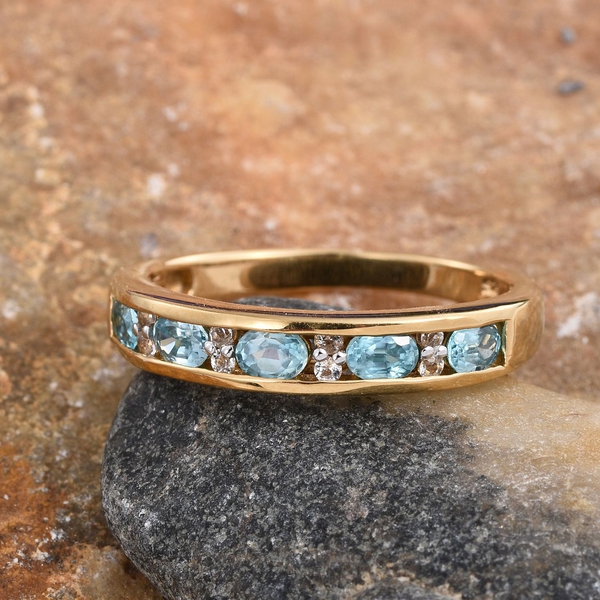 AA Natural Cambodian Blue Zircon (Ovl), White Topaz Half Eternity Band Ring in 14K Gold Overlay Sterling Silver 1.650 Ct.