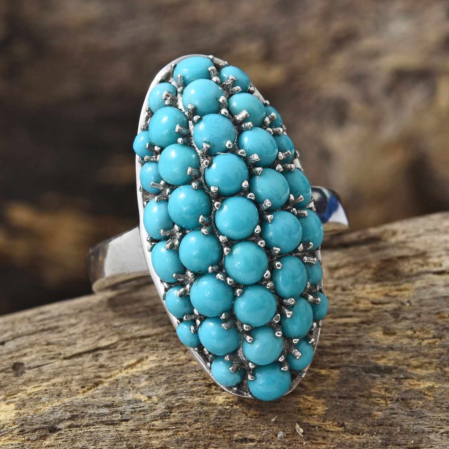 Arizona Sleeping Beauty Turquoise (Rnd) Cluster Ring in Platinum Overlay Sterling Silver 4.000 Ct. Silver wt 5.55 Gms.