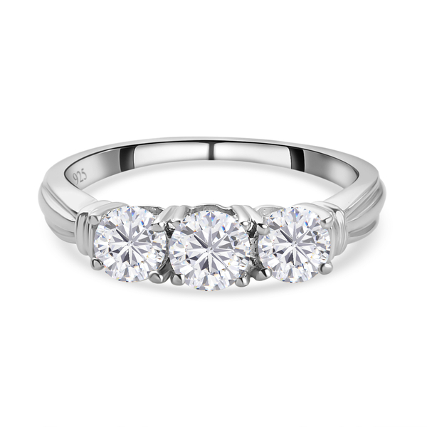 Moissanite Trilogy Ring in Platinum Overlay Sterling Silver
