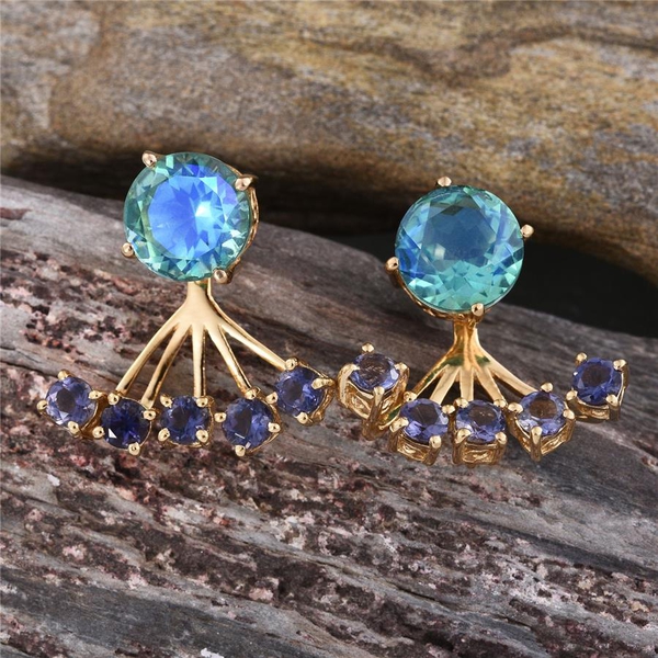 Peacock Quartz (Rnd), Iolite Jacket Earrings (with Push Back) in 14K Gold Overlay Sterling Silver 9.750 Ct.