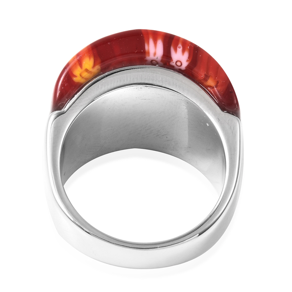 Red Colour Murano Style Glass Dome Ring in Stainless Steel