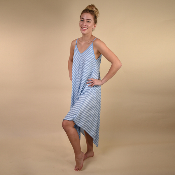 TAMSY 100% Viscose Herringbone Stripe Asymmetrical Hem Dress One Size, (Fits Size 8-18 ) - Denim Blue