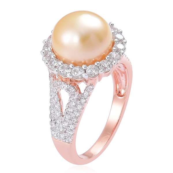 Limited Available- Very Rare South Sea Golden Pearl (Rnd 11-11.5mm), Natural Cambodian Zircon Ring in Rose Gold Overlay Sterling Silver