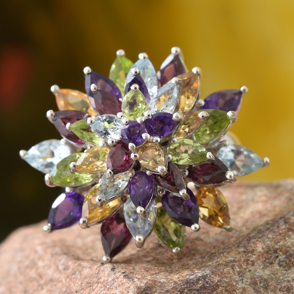 Amethyst (Pear), Hebei Peridot and Multi Gemstone Flower Ring in Platinum Overlay Sterling Silver 10.000 Ct. Silver wt 10.00 Gms.