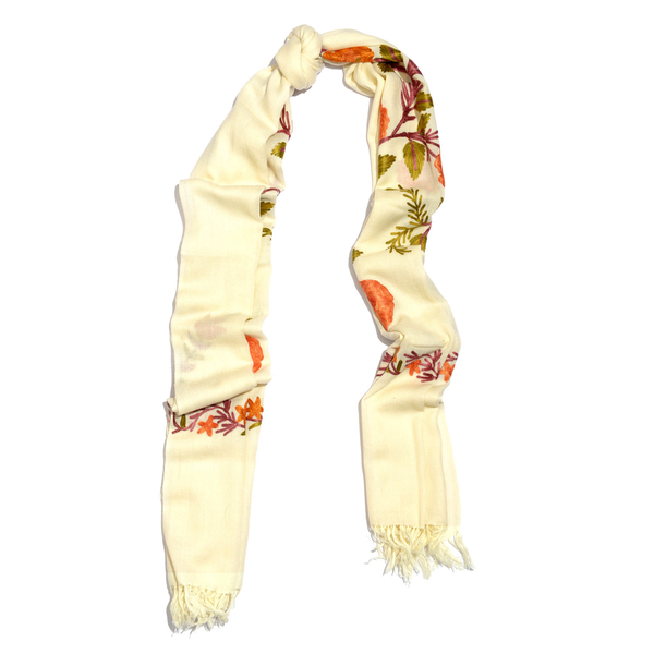 100% Merino Wool Cream, Orange and Multi Colour Floral and Leaves Embroidered Scarf with Tassels (Size 190X70 Cm)