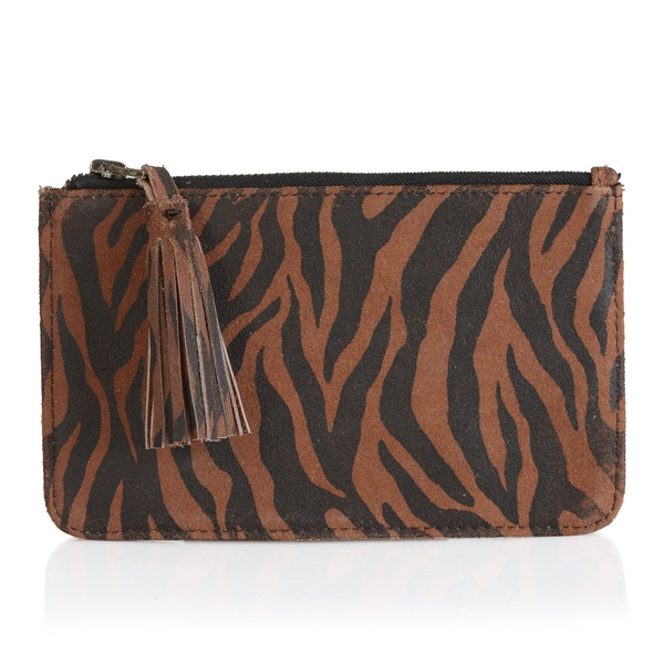 Set of 2 - Genuine Leather Chocolate Colour Zebra Printed Tassel Pouch with Card Slot inside (Size 19.5x12.5 Cm)