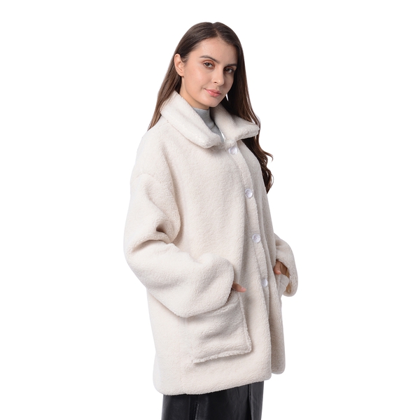 New Season Designer Inspired Teddy Faux Fur Coat in Off White