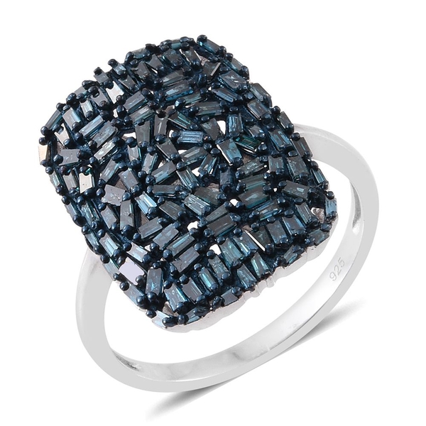 Designer Inspired - Firework Blue Diamond (Bgt) Cluster Ring in Platinum Overlay Sterling Silver 1.2