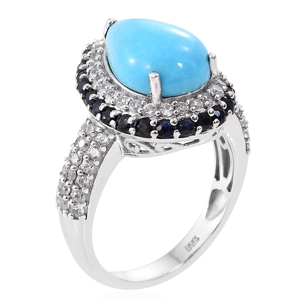Arizona Sleeping Beauty Turquoise (Pear 4.85 Ct), Natural Cambodian Zircon and Kanchanaburi Blue Sapphire Ring in Platinum Overlay Sterling Silver 7.250 Ct. Silver wt. 5.17 Gms.