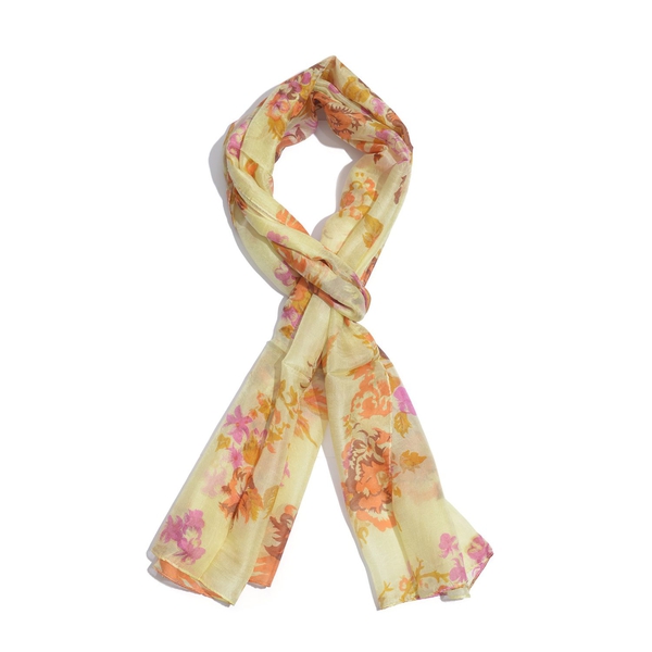 SILK MARK - Made in Kashmir 100% Silk Yellow, Orange and Multi Colour Leaves and Floral Pattern Scar