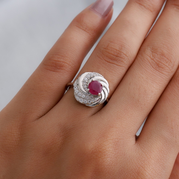 GP Celestial Dream collection - African Ruby, Natural Cambodian Zircon and Kanchanaburi Blue Sapphire Ring in Platinum Overlay Sterling Silver 1.750 Ct.