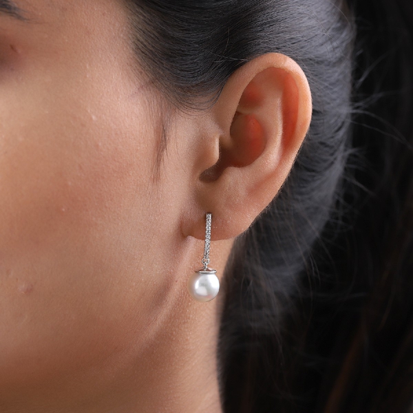 Royal Bali Collection - South Sea Pearl and Natural Cambodian Zircon Earrings (with Push Back) in Platinum Overlay Sterling Silver