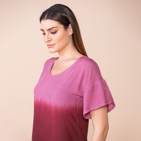 TAMSY 100% Viscose Ombre Pattern Short Sleeve Top (Size M, 12-14) - Wine