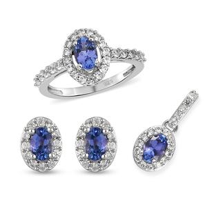 3 Piece Set -  Tanzanite,  White Zircon Ring and Main Stone With Side Stone Pendant and Main Stone W