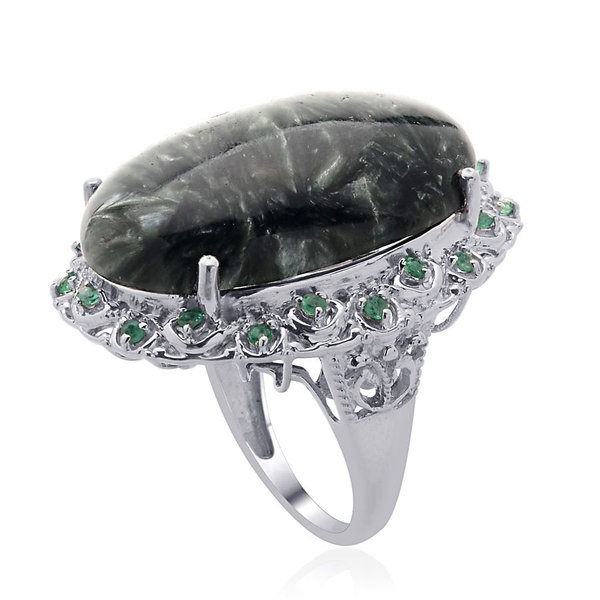 Siberian Seraphinite (Ovl 28.50 Ct) Kagem Zambian Emerald Ring in Platinum Overlay Sterling Silver  28.750 Ct.