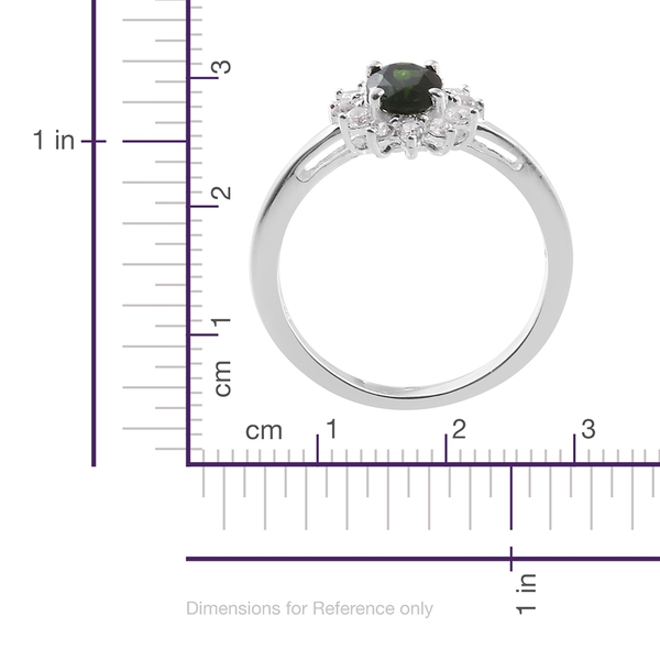 Designer Inspired- Chrome Diopside (Ovl), Natural White Cambodian Zircon Floral Ring in Sterling Silver 1.250 Ct.