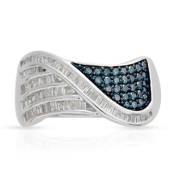 Blue and White Diamond (Rnd and Bgt), Ring in Blue and Platinum Overlay Sterling Silver 0.500 Ct.