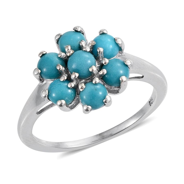 Kingman Turquoise (Rnd) 7 Stone Floral Ring in Platinum Overlay Sterling Silver 1.750 Ct.