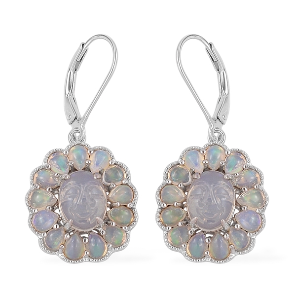 Smiling Face Carved Ethiopian Welo Opal (Ovl) Lever Back Earrings in Rhodium Plated Sterling Silver 