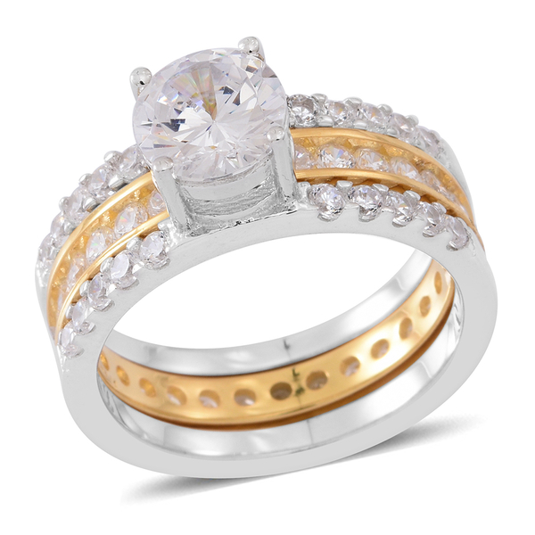 ELANZA AAA Simulated White Diamond (Rnd) 2 Ring Set in Rhodium and Yellow Gold Overlay Sterling Silv