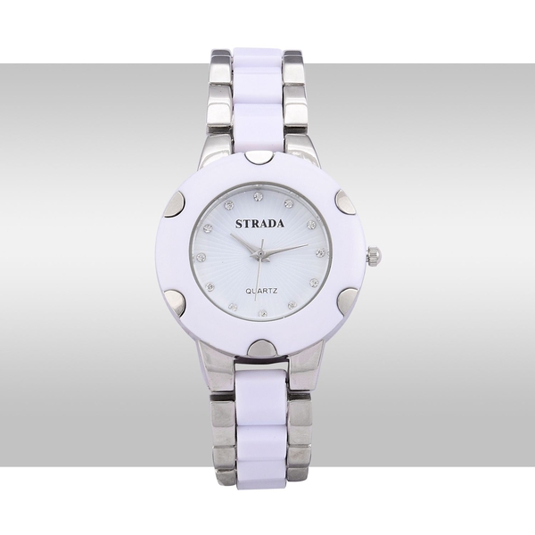STRADA Japanese Movement White Austrian Crystal Studded White Dial Water Resistant Watch in Silver Tone with Stainless Steel Back and White Strap