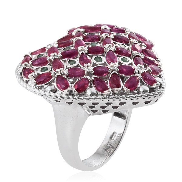 AAA African Ruby (Mrq), Kagem Zambian Emerald Heart Ring in Platinum Overlay Sterling Silver 5.750 Ct. Silver wt. 10.22 Gms.