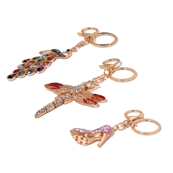 Set of 3 - White, Purple, Red and Multi Colour Austrian Crystal Dragon Fly, High Heel and Peacock Enameled Key Chain in Gold Tone