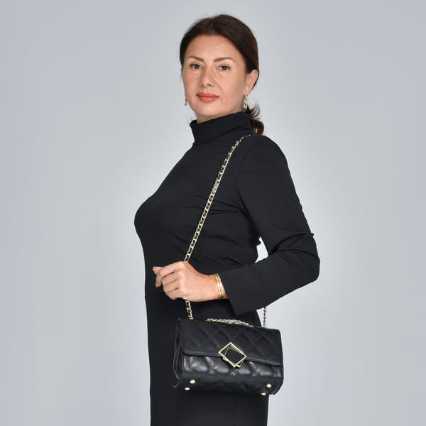 SENCILLEZ 100% Genuine Leather Diamond Pattern Crossbody Bag with Shoulder Strap (Size 23x15x9 Cm) - Black
