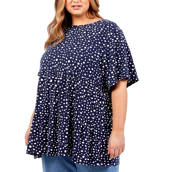 NOVA of London Round Neck and Short Sleeved White Dots Printed Navy Smock Top (Size 18-20)