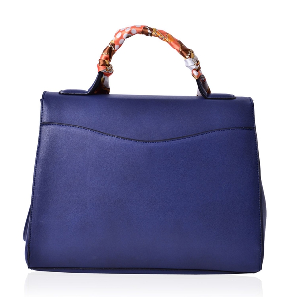 Navy Colour Large Tote Bag with External Pocket and Adjustable and Removable Shoulder Strap with Multi Colour Scarf (Size 35x28x16 Cm, 87x4 Cm)