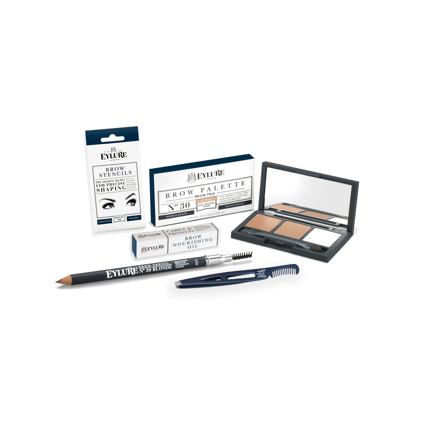 BROW KIT- Eylure Firm Brow Pencil Blonde, Eye Brow Palette Blonde, Brow Stencils, Brow Nourishing -Oil and Brow & Lash Tweezer with Comb
