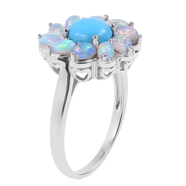 Arizona Sleeping Beauty Turquoise (Rnd 1.50 Ct), Ethiopian Welo Opal Flower Ring in Rhodium Plated Sterling Silver 3.250 Ct. Silver wt 5.40 Gms.