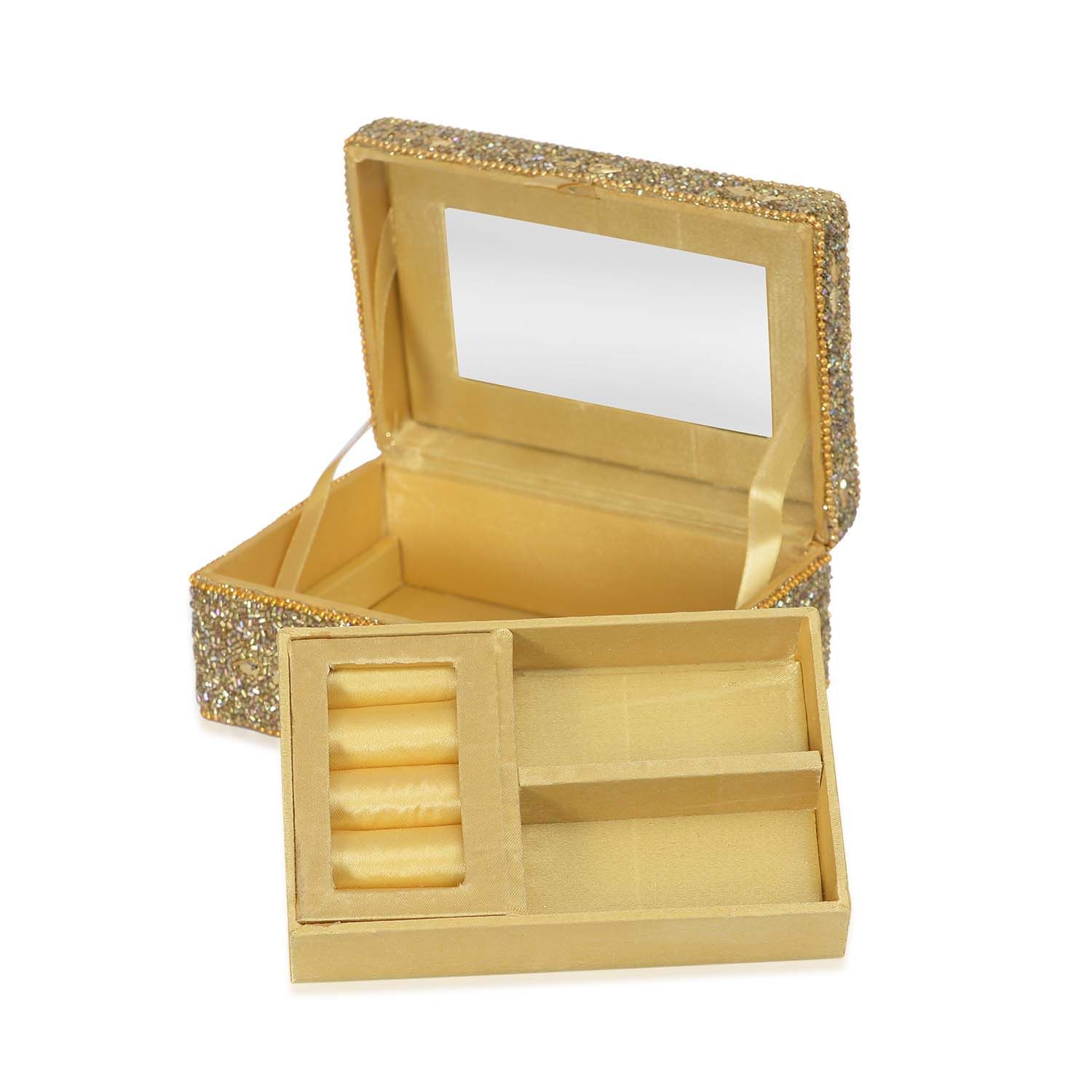 Golden Colour Jewellery Box Decorated with Golden and White Beads with a Tray Inside (Size 15x10x6 Cm)