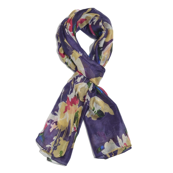 100% Mulberry Silk Purple, Beige and Multi Colour Handscreen Printed Scarf (Size 200x180 Cm)