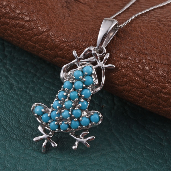 Arizona Sleeping Beauty Turquoise (Rnd) Frog Pendant with Chain in Platinum Overlay Sterling Silver 1.000 Ct.