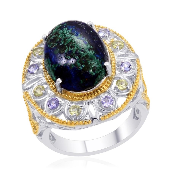 Designer Collection Azurite (Ovl 9.26 Ct), Hebei Peridot and Tanzanite Ring in 14K YG and Platinum O