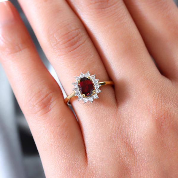 Mozambique Garnet and Natural Cambodian Zircon Ring in 14K Gold Overlay Sterling Silver 1.36 Ct.