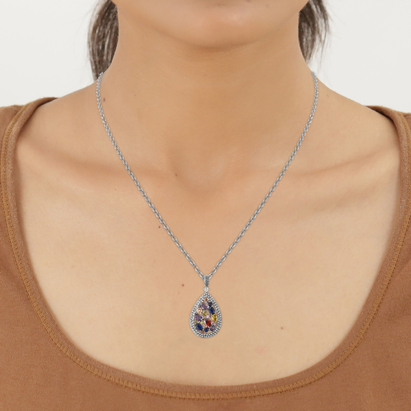 Simulated Multi Gemstone and White Austrian Crystal Pendant in Stainless Steel