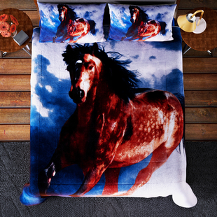 Deluxe Range- Horse Digital Pattern Flannel Sherpa Comforter (Size King - 250x230 Cm) and 2 Pillowcase (Size 92x50 Cm)- Blue