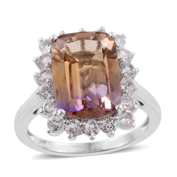 Limited Edition - Anahi Ametrine (Cush 7.05 Ct), White Topaz Ring in Platinum Overlay Sterling Silve