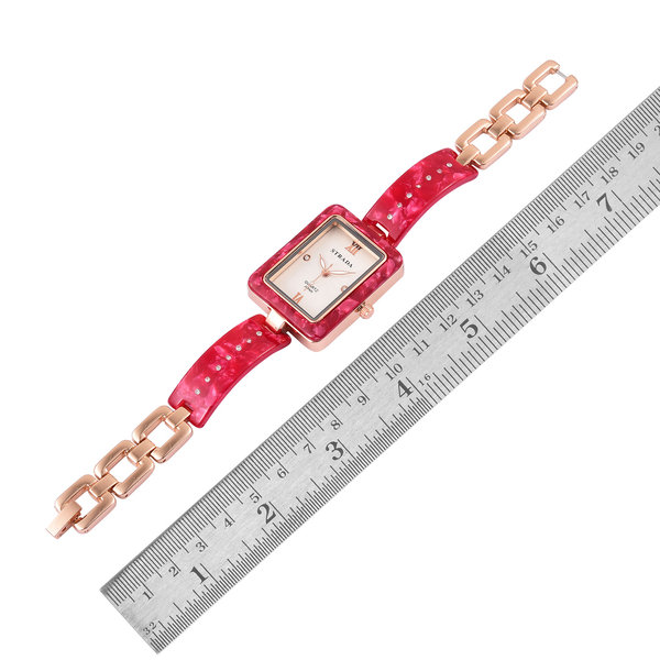 STRADA Japanese Movement White Austrian Crystal Studded Dial Watch in Rose Gold Tone with Red Colour Strap