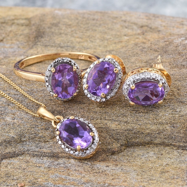 Lavender Alexite (Ovl), Diamond Ring, Pendant With Chain and Stud Earrings (with Push Back) in Platinum and 14K Gold Overlay Sterling Silver 4.750 Ct.
