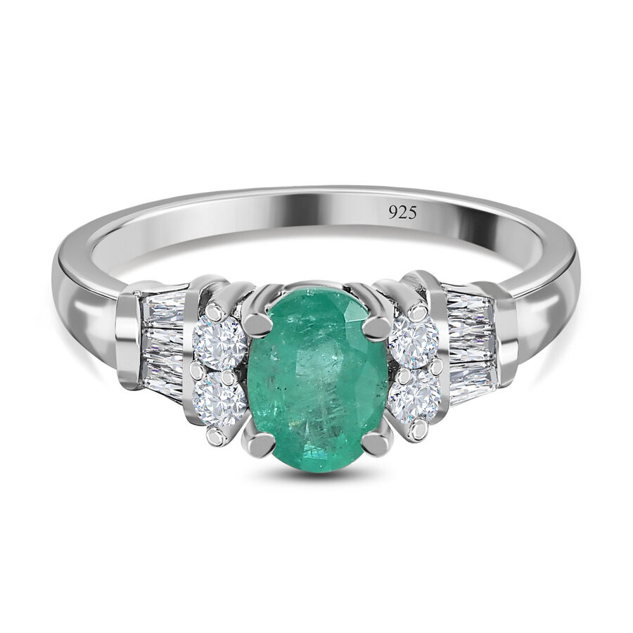 AAA Gemfields Emerald and Natural Zircon Ring in Platinum Overlay Sterling Silver 1.36 Ct.