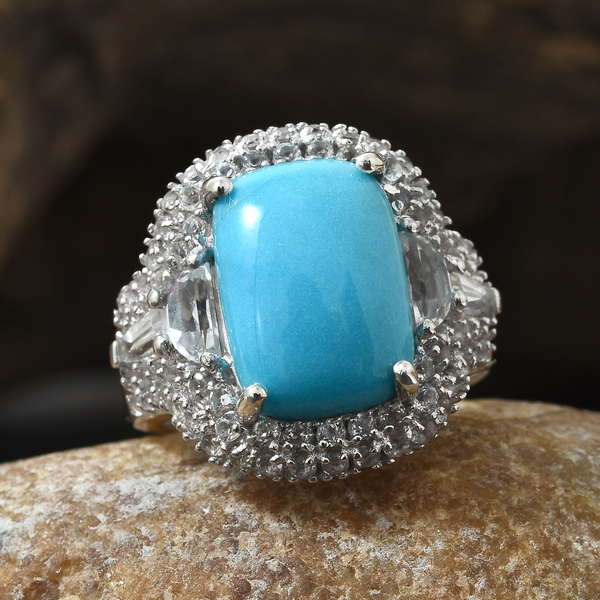 Arizona Sleeping Beauty Turquoise (Cush), White Topaz Cluster Ring in Platinum Overlay Sterling Silver 7.750 Ct, Silver wt 7.20 Gms.