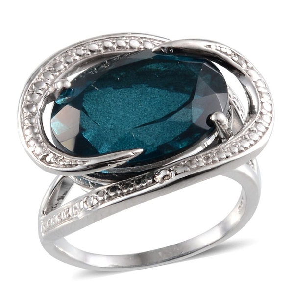 Indicolite Quartz (Ovl 14.00 Ct), Diamond Ring in Platinum Overlay Sterling Silver 14.010 Ct.